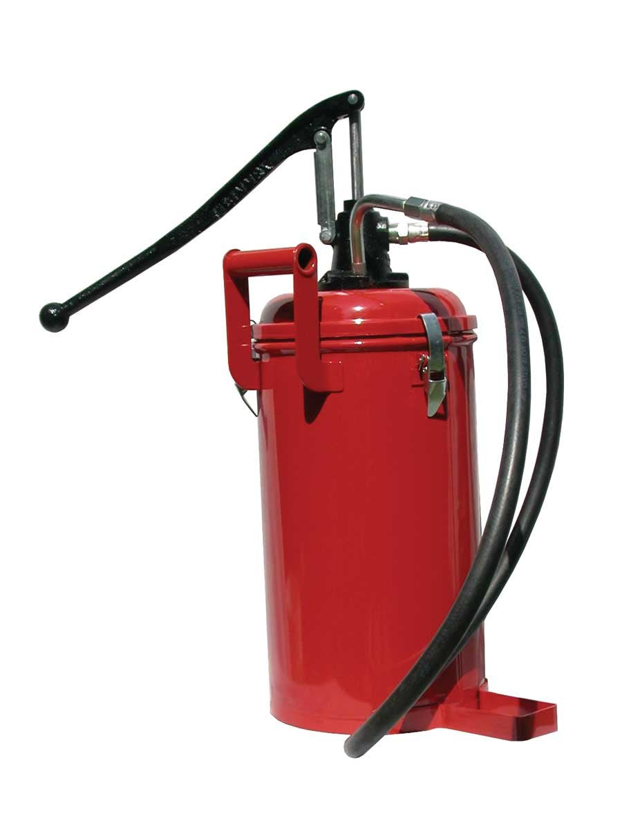 Manual Oil Bucket Pump w/ 30lb (13.6KG) Steel Bulk Fill Container & Curved Nozzle (self Enclosed Unit)